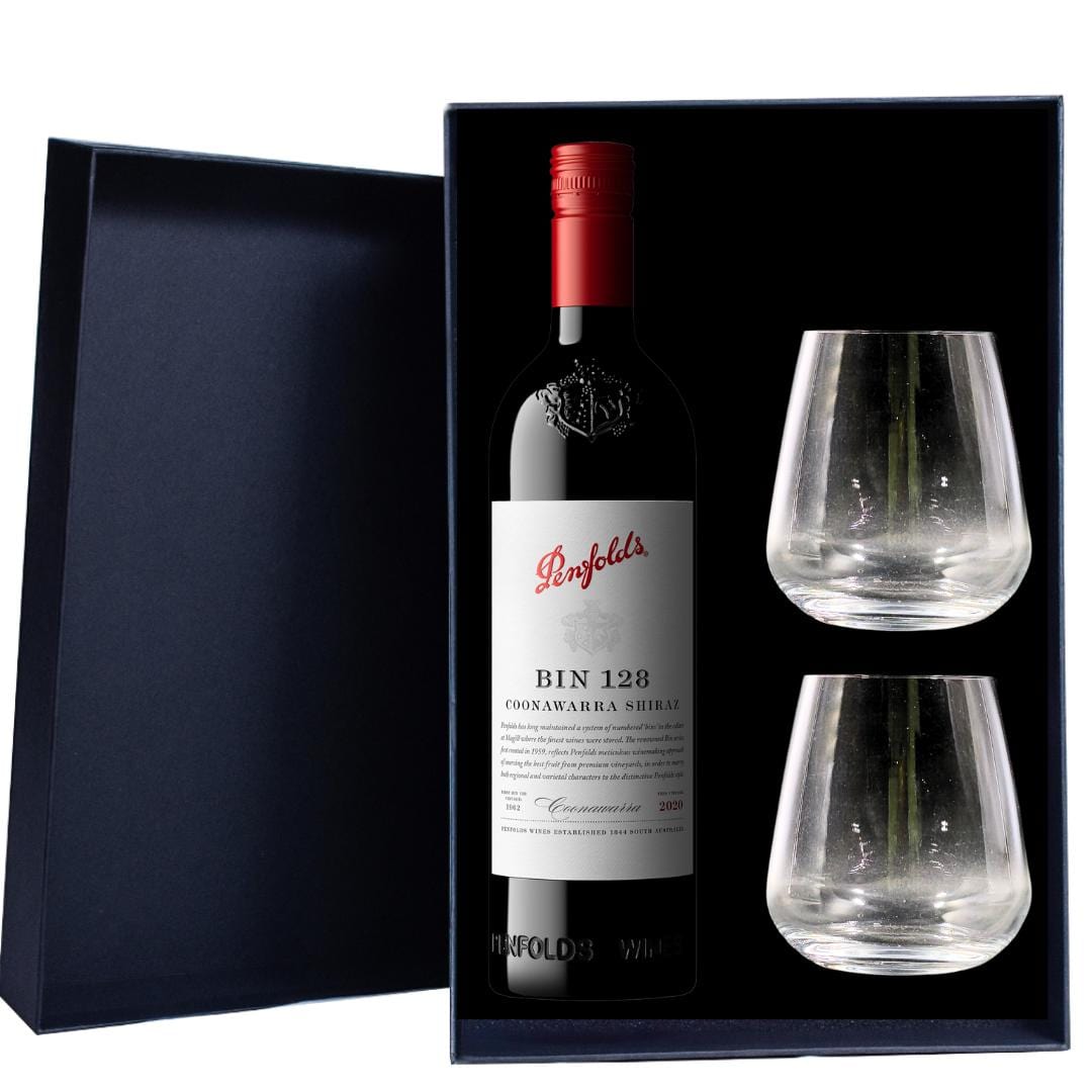 Personalised Penfolds Bin 128 Shiraz Gift Hamper includes 2 Premium Wine Glasses