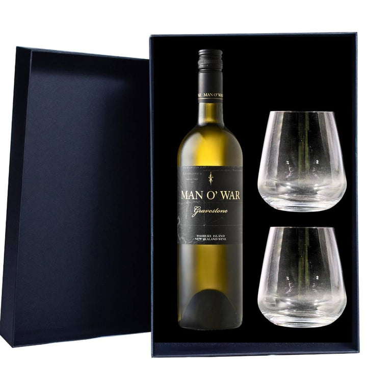 Personalised Man O+ War Gravestone Sauvignon Blanc Semillon Gift Hamper includes 2 Premium Wine Glass