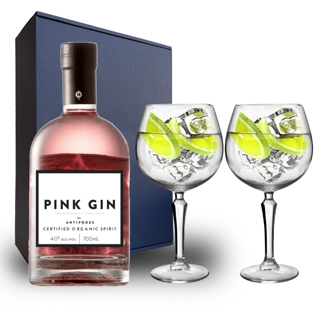 Personalised Antipodes Pink Gin Hamper Pack includes 2 Speakeasy Gin Glasses