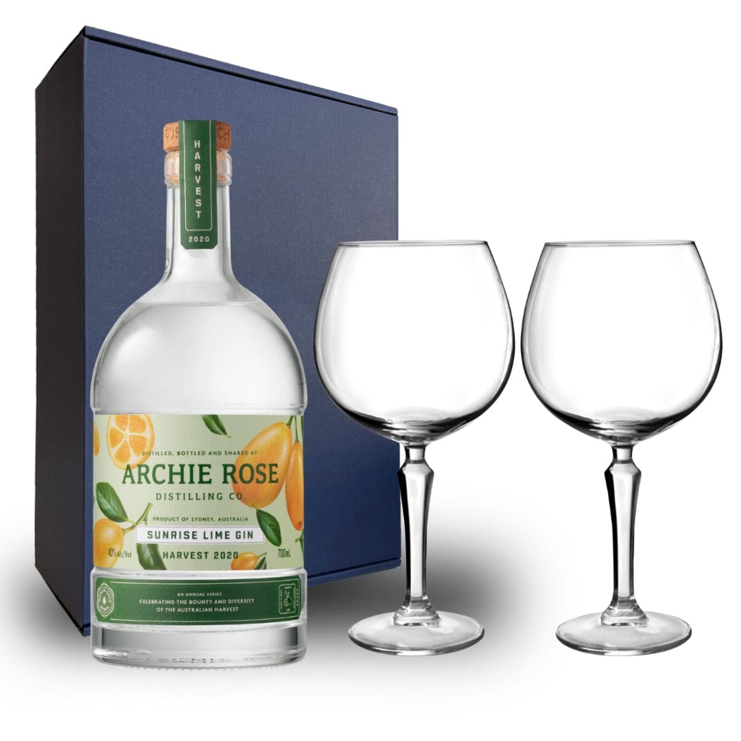 Personalised Archie Rose Harvest 2020 Sunrise Lime Gin Hamper Pack includes 2 Speakeasy Gin Glasses