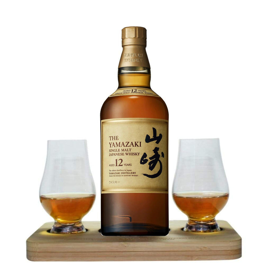The Yamazaki 12 YO Single Malt Whisky Tasting Gift Set includes Wooden Presentation Stand plus 2 Original Glencairn Whisky Glass
