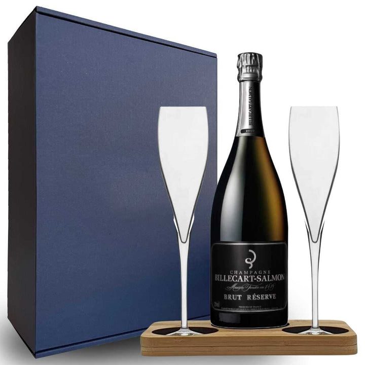 Billecart Salmon Brut Reserve Champagne Hamper Box includes Presentation Stand and 2 Fine Crystal Champagne Flutes