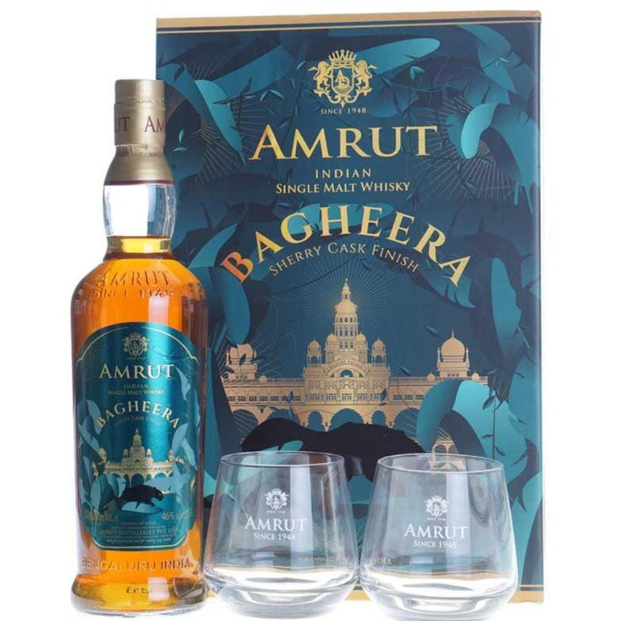 AMRUT BAGHEERA INDIAN SINGLE MALT WHISKY & GLASSES PACK 46% 700ML
