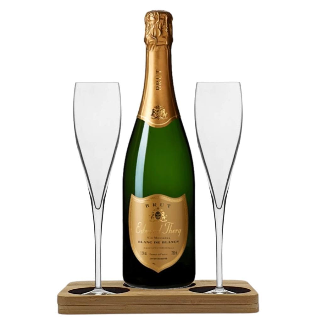 Edmond Thery Blanc de Blanc Brut - 2 pack Champagne Flutes includes Wooden Stand