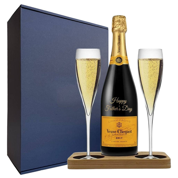 Father's Day Edition Veuve Clicquot Yellow Label Gift Hamper - Includes 2 Fine Crystal Champagne Flutes and Wooden  Presentation Stand
