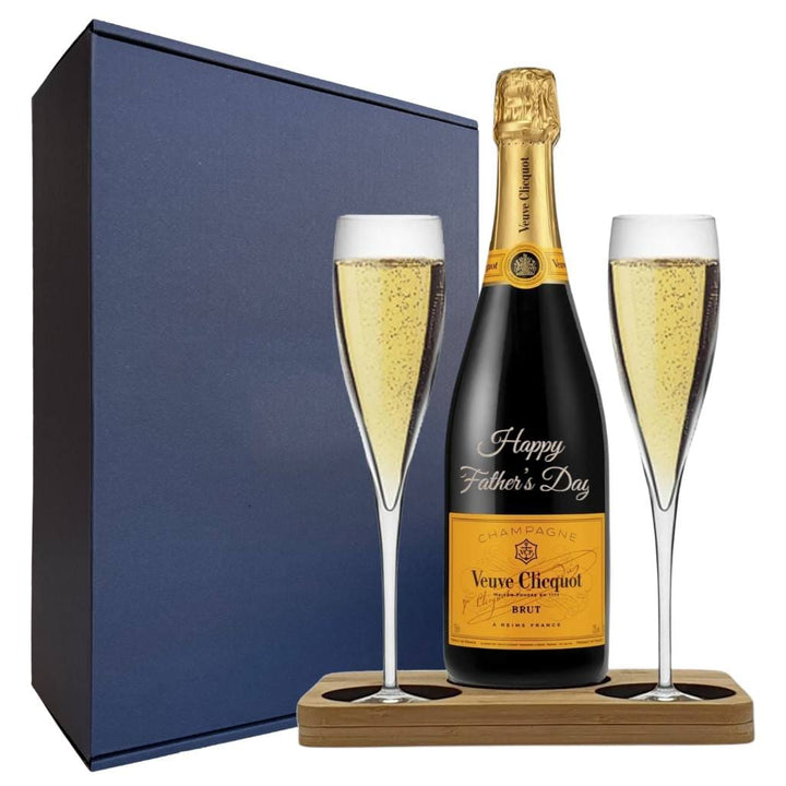 Father's Day Edition Veuve Clicquot Yellow Label Gift Hamper - Includes 2 Fine Crystal Champagne Flutes and Wooden  Presentation Stand