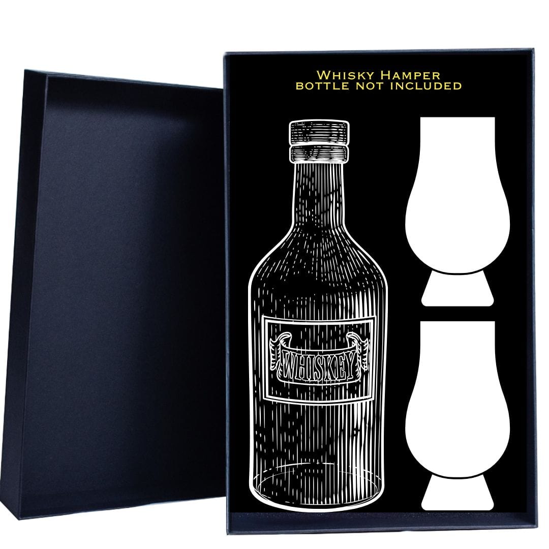 Personalised Gift Hamper includes 2 Engraved Crystal Glassware for the bottle of your choice