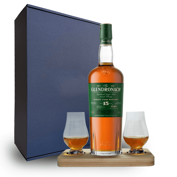 Glendronach 15 Year Old Whisky Tasting Gift Set includes Wooden Presentation Stand plus 2 Original Glencairn Whisky Glass