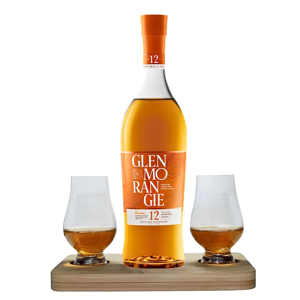 Glenmorangie 12 Year Old Original Whisky Tasting Gift Set includes Wooden Presentation Stand plus 2 Original Glencairn Whisky Glasses