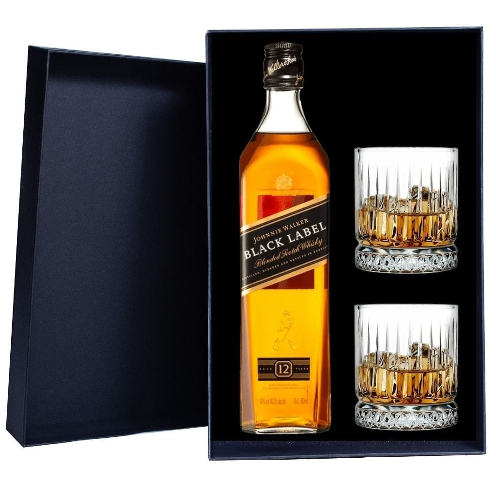 Johnnie Walker Black Label 40% 700ml Hamper Box includes 2 Heavy Whisky Glasses