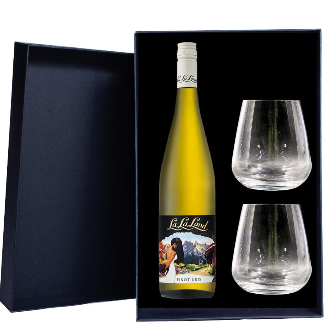 Personalised La La Land Pinot Gris Gift Hamper includes 2 Premium Wine Glass