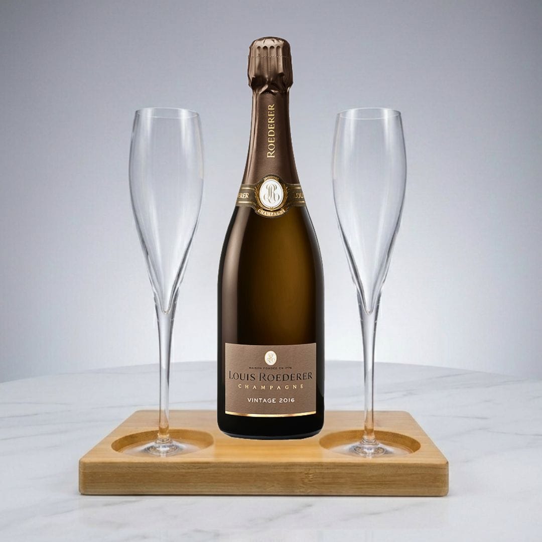 Louis Roederer Vintage Brut Gift Hamper - Includes 2 Fine Crystal Champagne Flutes and Wooden Presentation Stand