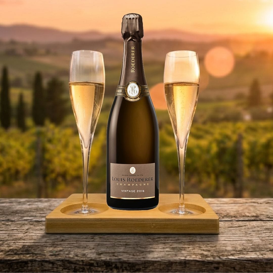 Louis Roederer Vintage Brut Gift Hamper - Includes 2 Fine Crystal Champagne Flutes and Wooden Presentation Stand