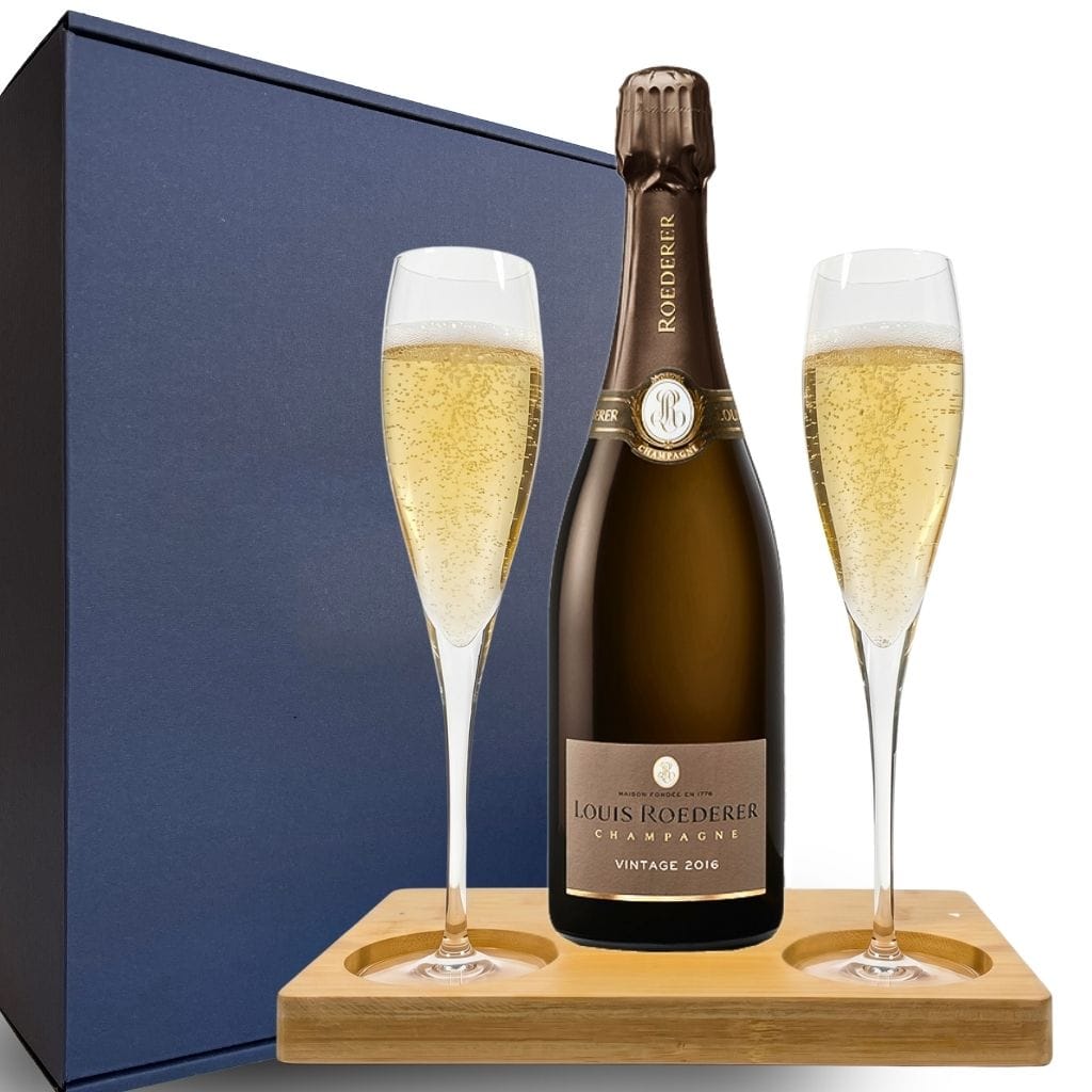 Louis Roederer Vintage Brut Gift Hamper - Includes 2 Fine Crystal Champagne Flutes and Wooden Presentation Stand