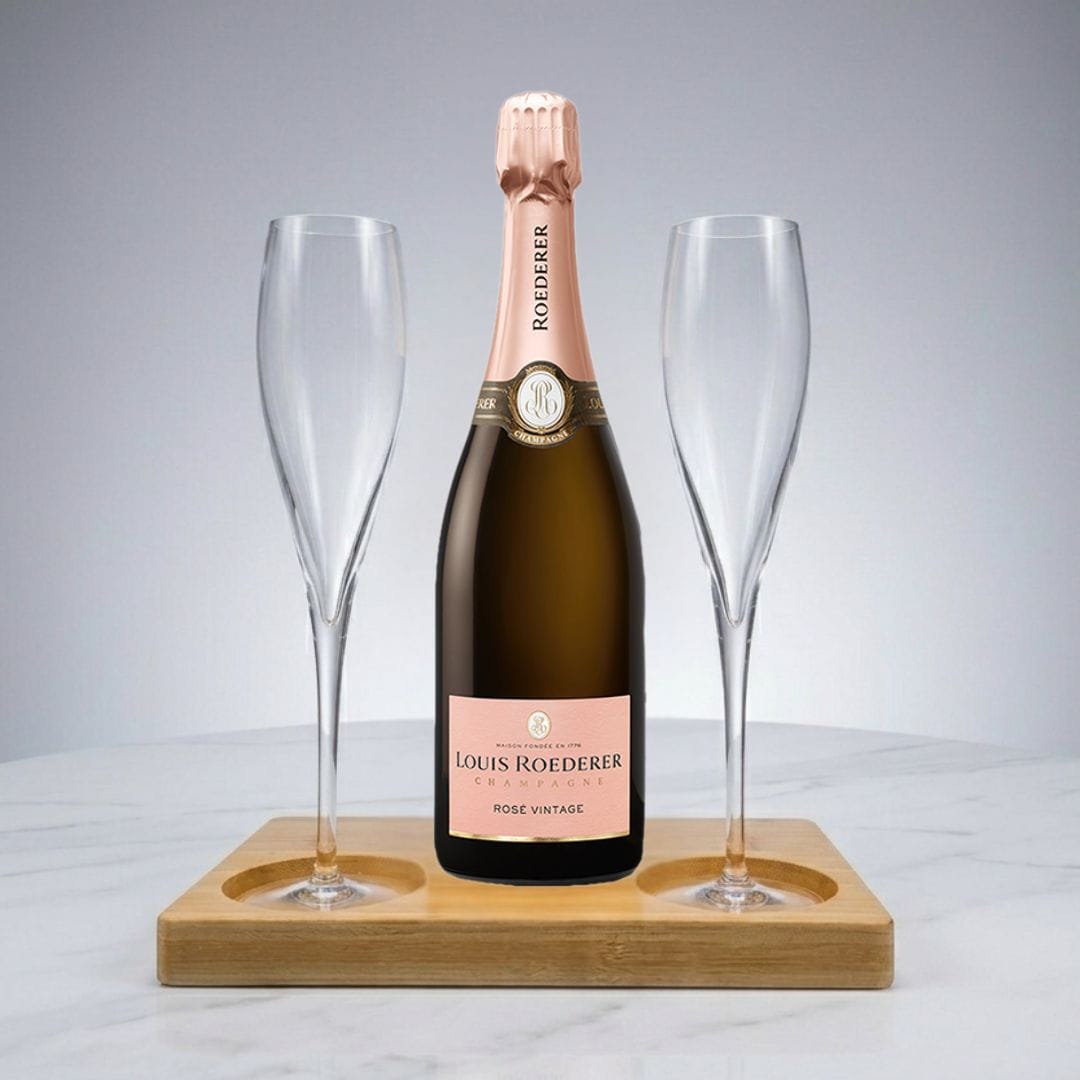 Louis Roederer Vintage Rose Gift Hamper - Includes 2 Fine Crystal Champagne Flutes and Wooden Presentation Stand