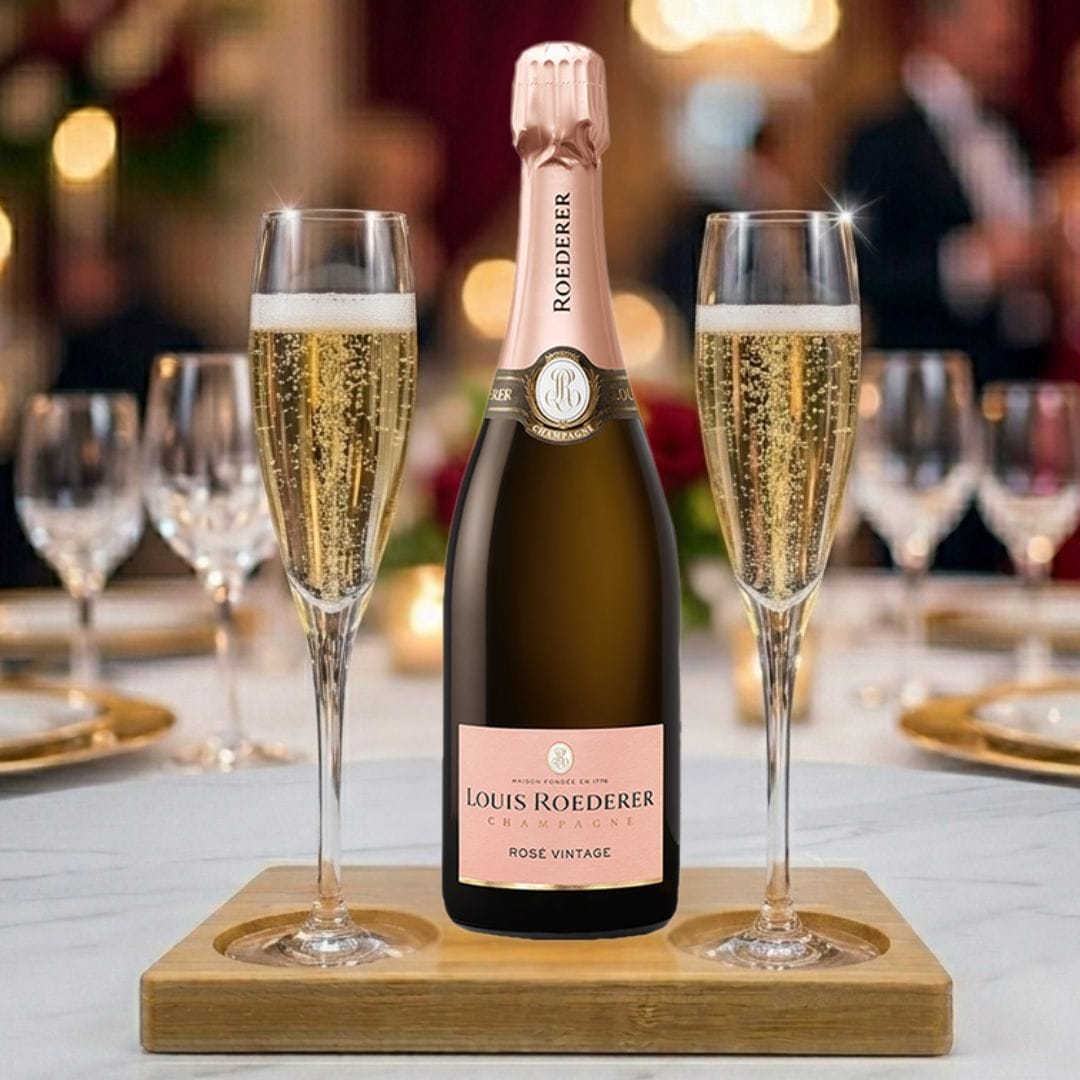 Louis Roederer Vintage Rose Gift Hamper - Includes 2 Fine Crystal Champagne Flutes and Wooden Presentation Stand