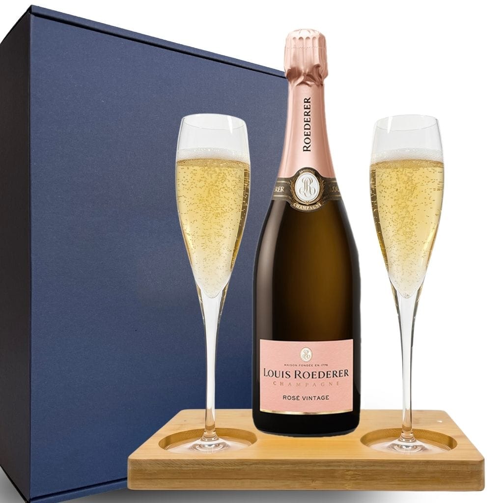 Louis Roederer Vintage Rose Gift Hamper - Includes 2 Fine Crystal Champagne Flutes and Wooden Presentation Stand