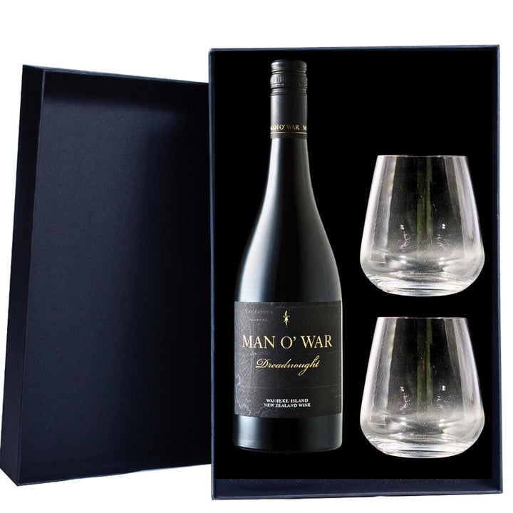 Personalised Man O'War Dreadnought Syrah Gift Hamper includes 2 Premium Wine Glass