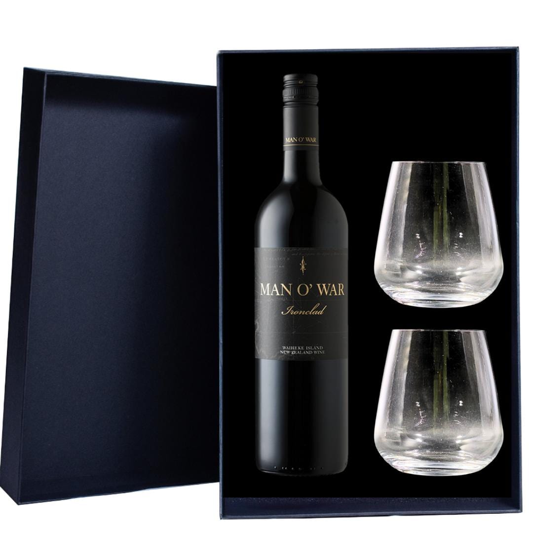 Personalised Man O'War Ironclad Bordeaux Blend Gift Hamper includes 2 Premium Wine Glass