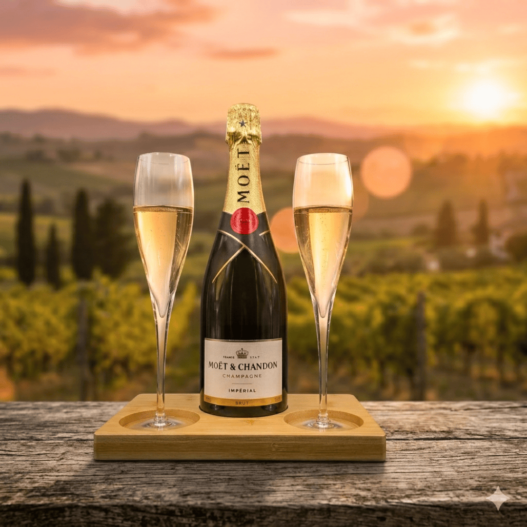 Moet & Chandon Champagne Gift Hamper - Includes 2 Fine Crystal Champagne Flutes and Wooden Presentation Stand
