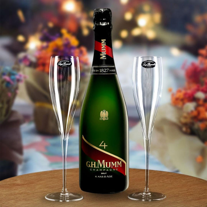 Personalised Mumm 4 Champagne Gift Hamper - Includes 2 Fine Crystal Champagne Flutes