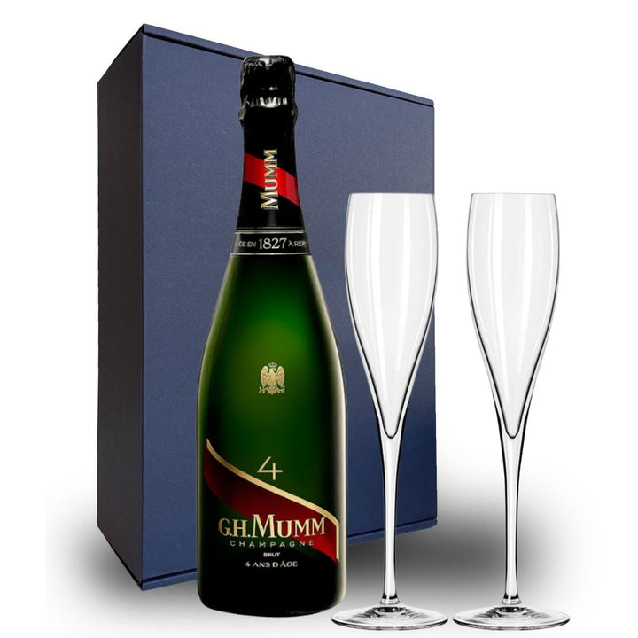 Personalised Mumm 4 Champagne Gift Hamper - Includes 2 Fine Crystal Champagne Flutes
