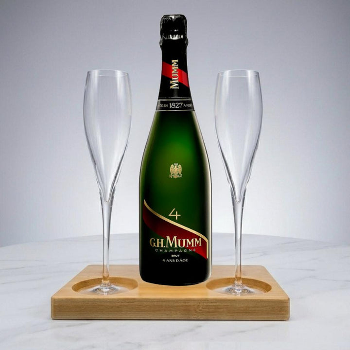 Personalised Mumm 4 Champagne Gift Hamper - Includes 2 Fine Crystal Champagne Flutes and Wooden Presentation Stand