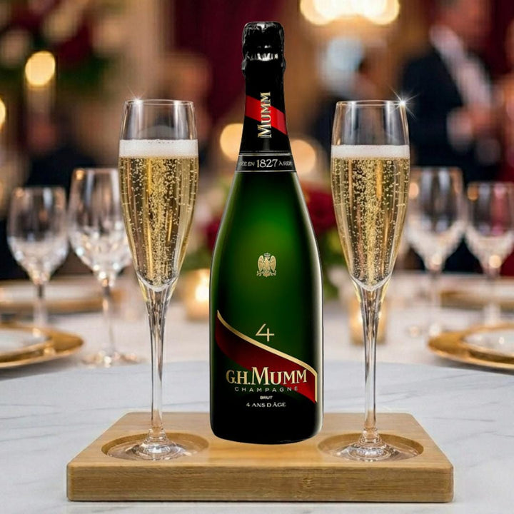 Personalised Mumm 4 Champagne Gift Hamper - Includes 2 Fine Crystal Champagne Flutes and Wooden Presentation Stand