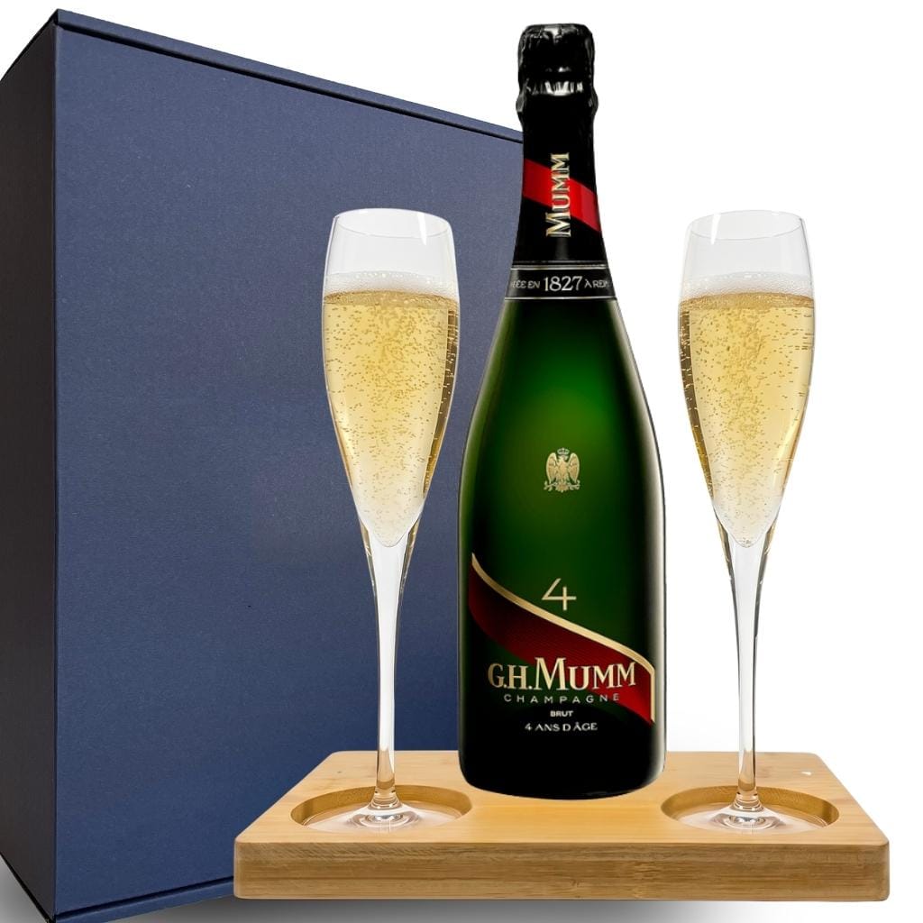 Personalised Mumm 4 Champagne Gift Hamper - Includes 2 Fine Crystal Champagne Flutes and Wooden Presentation Stand
