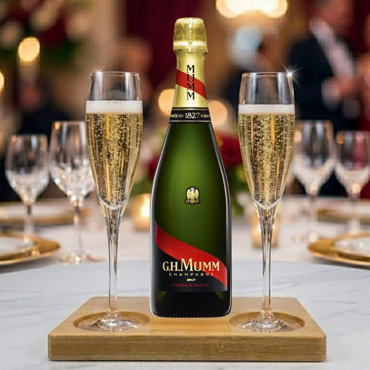 Mumm Cordon Rouge NV Gift Hamper - Includes 2 Crystal Champagne Flutes and Wooden Presentation Stand