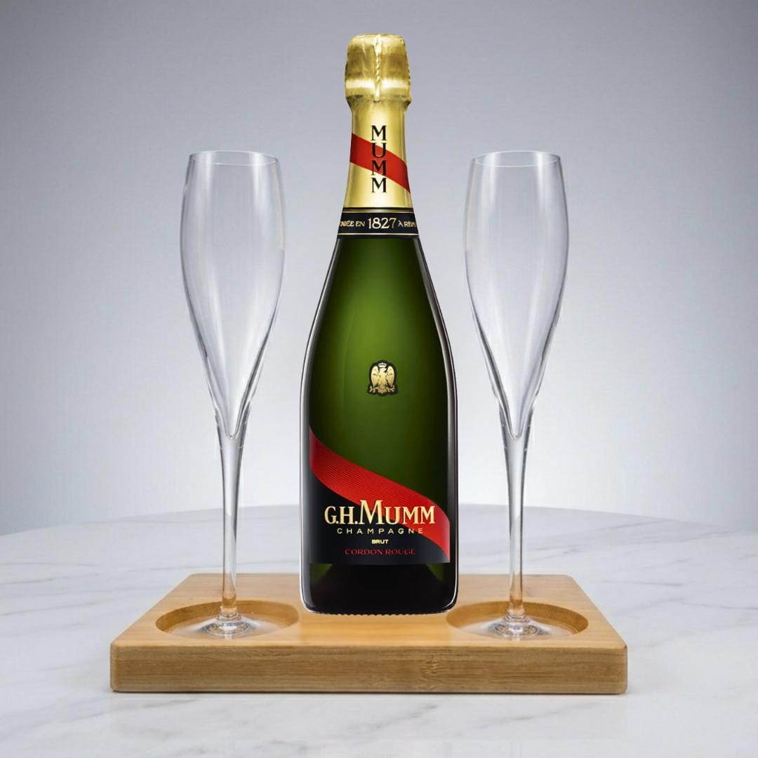 Mumm Cordon Rouge NV Gift Hamper - Includes 2 Crystal Champagne Flutes and Wooden Presentation Stand