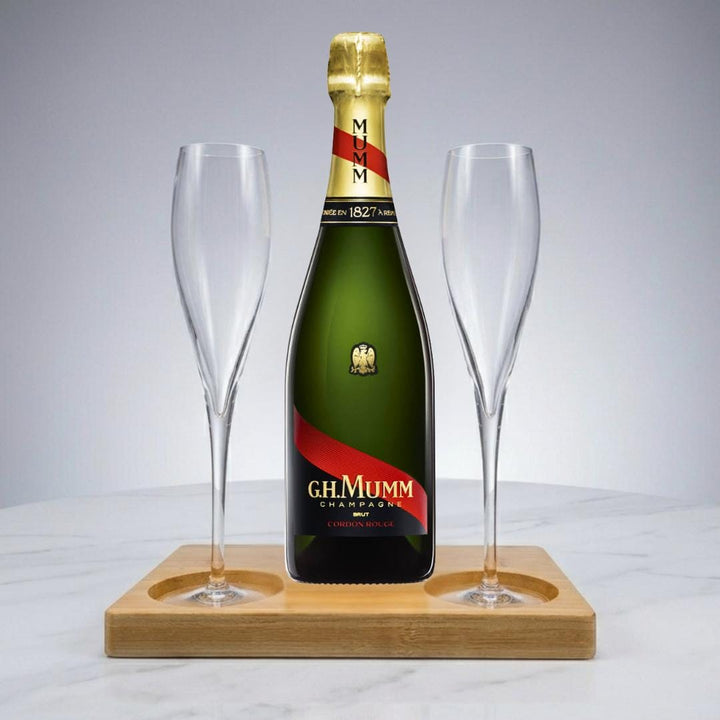 Mumm Cordon Rouge NV Gift Hamper - Includes 2 Crystal Champagne Flutes and Wooden Presentation Stand