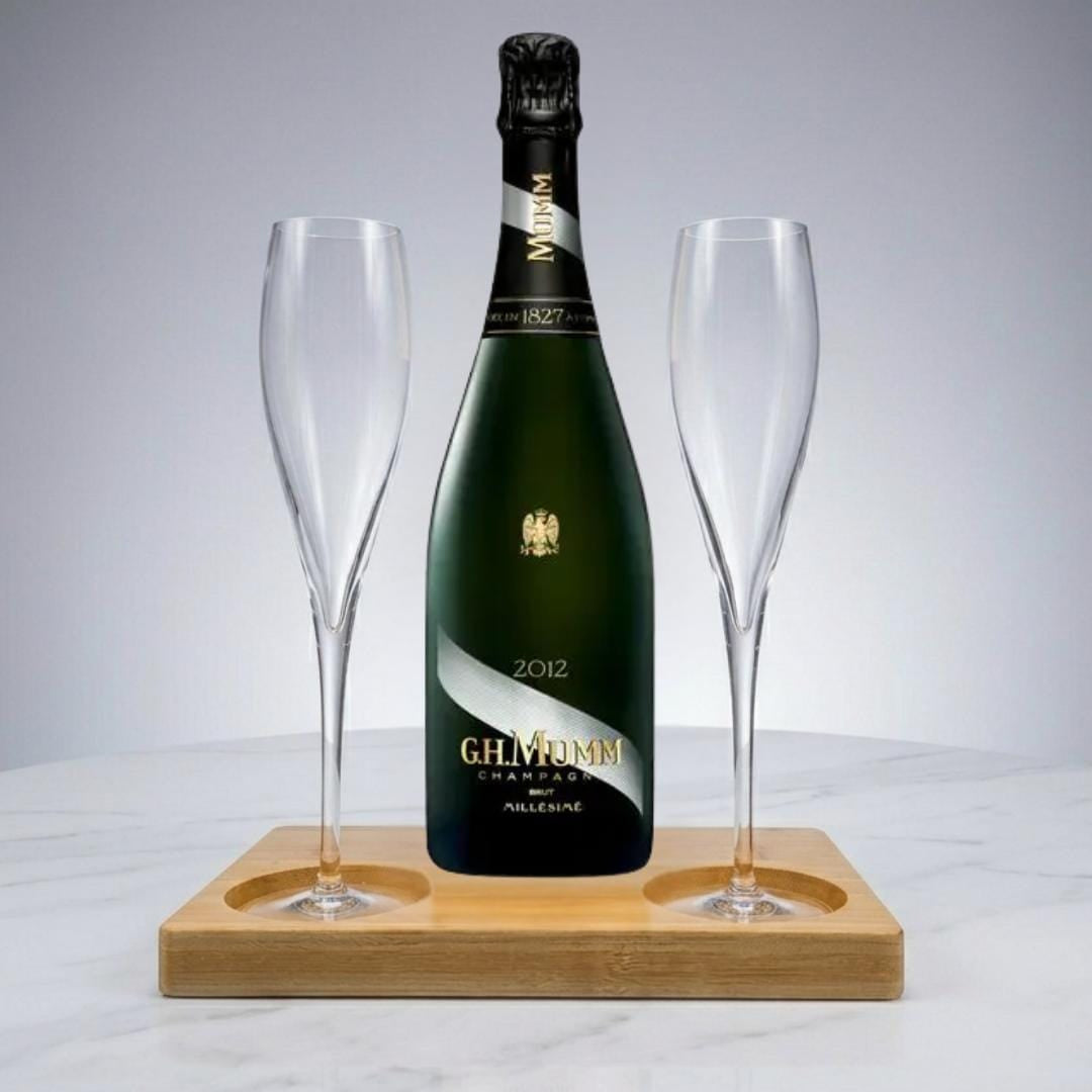 Mumm Cordon Rouge Milliseme Gift Hamper - Includes 2 Crystal Champagne Flutes and Wooden Presentation Stand