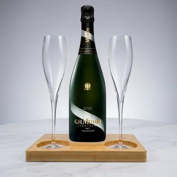 Mumm Cordon Rouge Milliseme Gift Hamper - Includes 2 Crystal Champagne Flutes and Wooden Presentation Stand