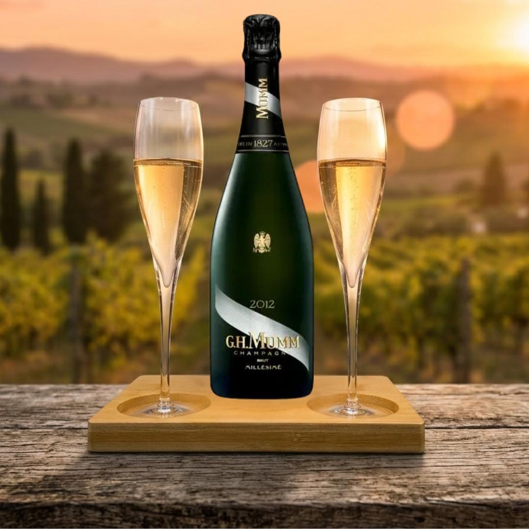 Mumm Cordon Rouge Milliseme Gift Hamper - Includes 2 Crystal Champagne Flutes and Wooden Presentation Stand
