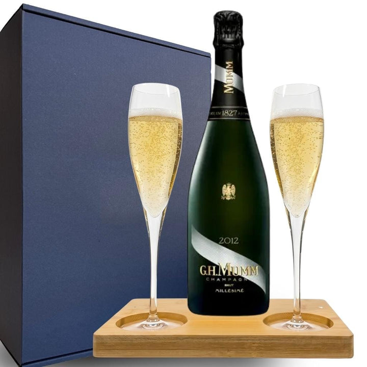 Mumm Cordon Rouge Milliseme Gift Hamper - Includes 2 Crystal Champagne Flutes and Wooden Presentation Stand
