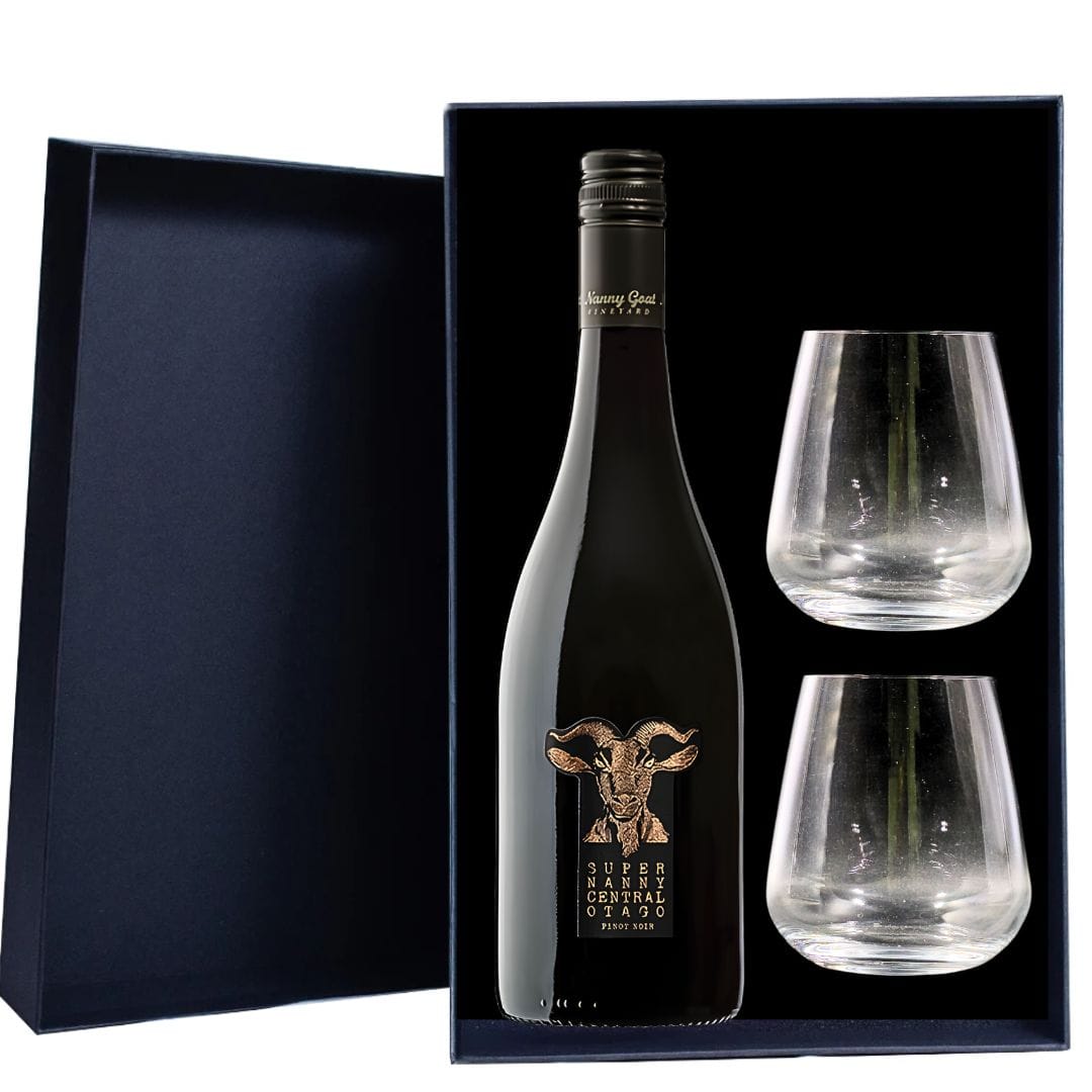 Nanny Goat Vineyard Super Nanny Pinot Noir Gift Hamper - Includes 2 Premium Wine Glasses