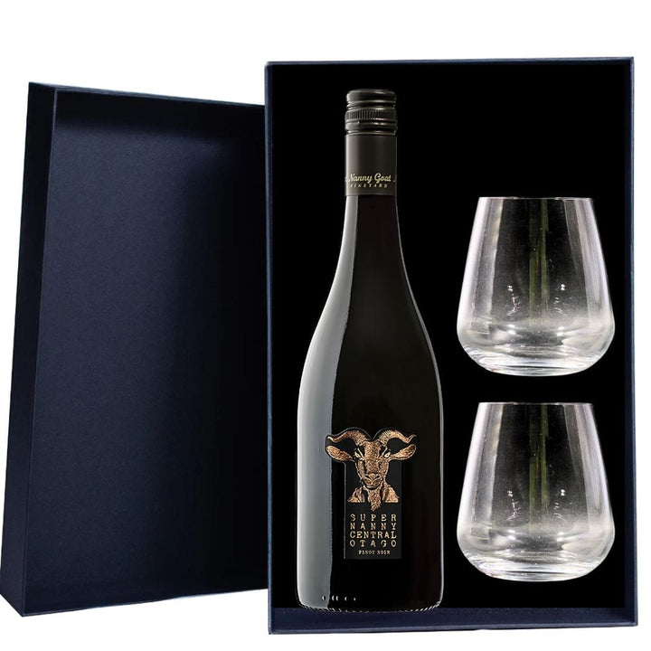 Nanny Goat Vineyard Super Nanny Pinot Noir Gift Hamper - Includes 2 Premium Wine Glasses