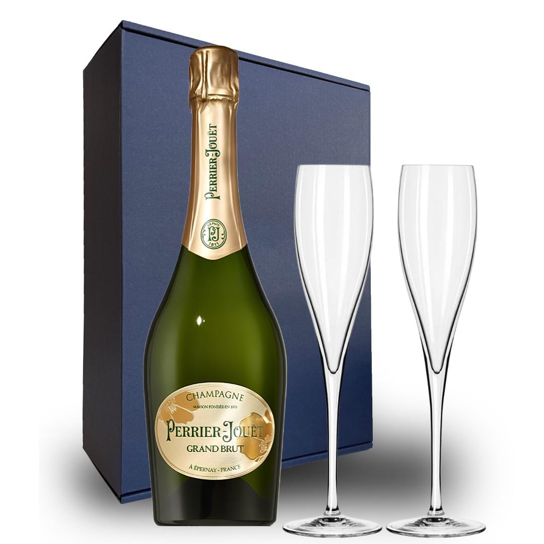 Perrier-Jouet Grand Brut Champagne Gift Hamper - Includes 2 Crystal Champagne Flutes and Wooden Presentation Stand