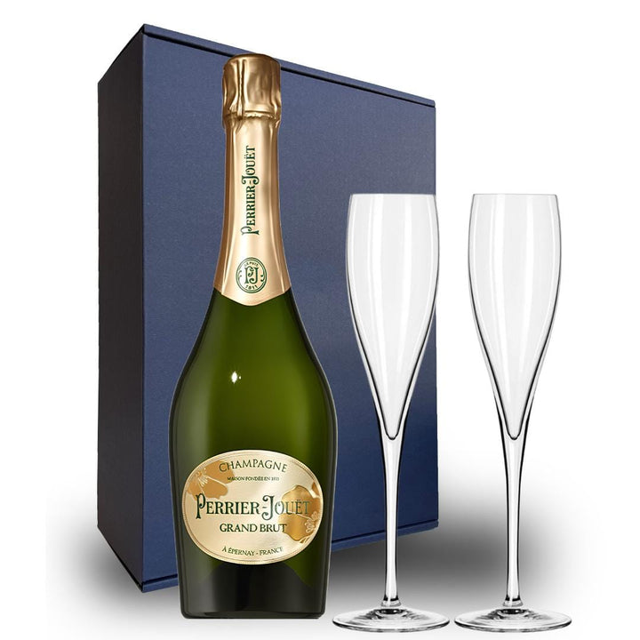 Perrier-Jouet Grand Brut Champagne Gift Hamper - Includes 2 Crystal Champagne Flutes and Wooden Presentation Stand