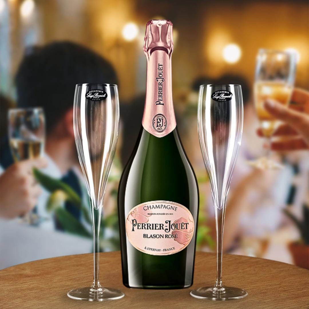 Personalised Perrier Jouet Blason Rose Gift Hamper - Includes 2 Fine Crystal Champagne Flutes