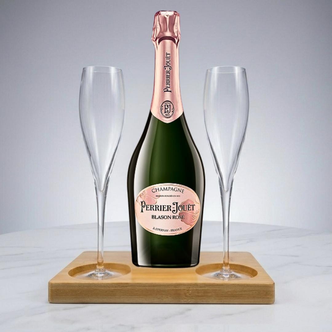Perrier Jouet Blason Rose Gift Hamper - Includes 2 Fine Crystal Champagne Flutes and Wooden Presentation Stand