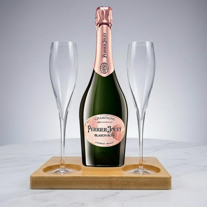 Perrier Jouet Blason Rose Gift Hamper - Includes 2 Fine Crystal Champagne Flutes and Wooden Presentation Stand