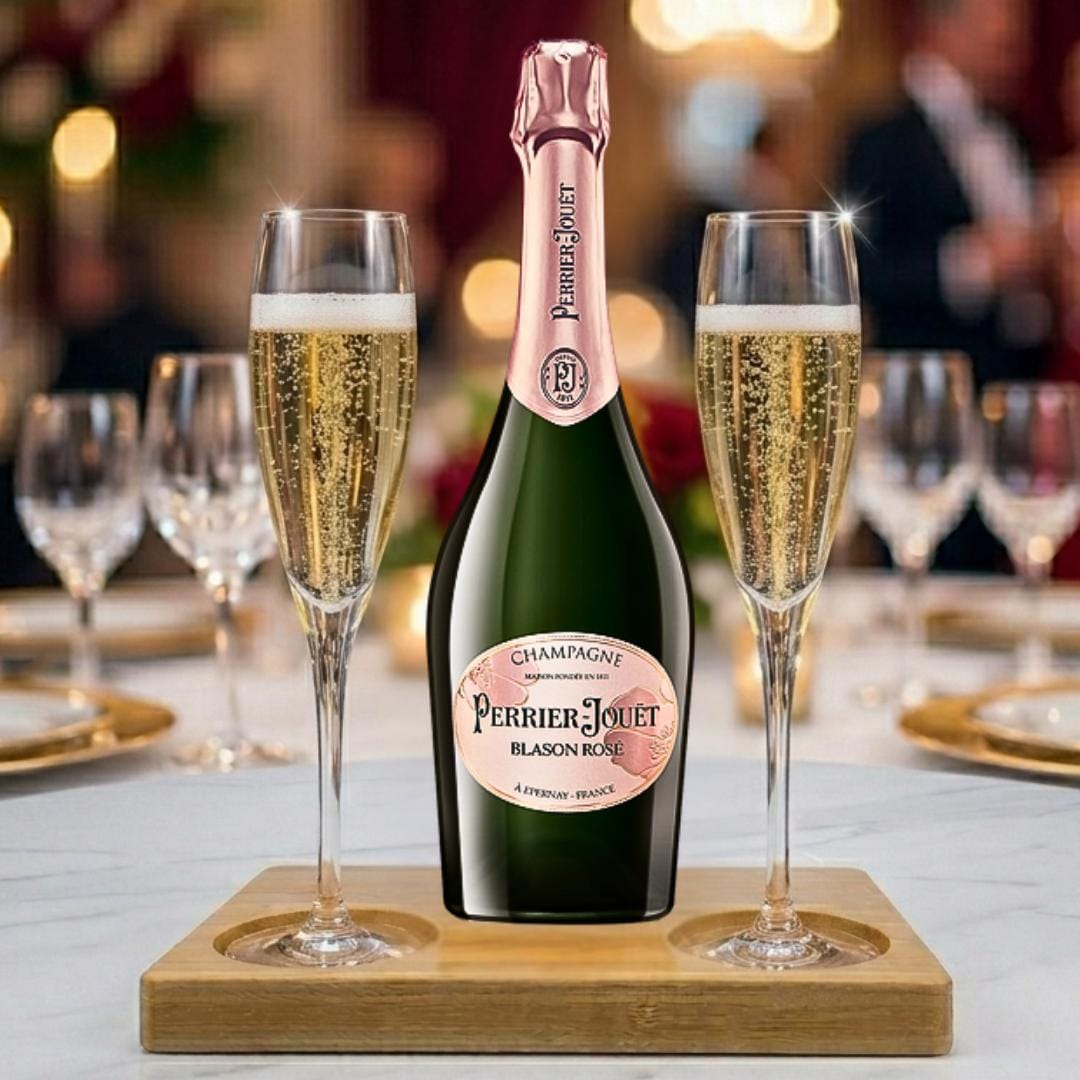 Perrier Jouet Blason Rose Gift Hamper - Includes 2 Fine Crystal Champagne Flutes and Wooden Presentation Stand