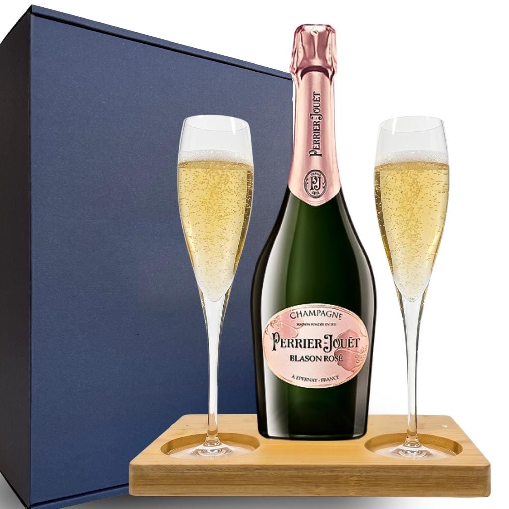 Perrier Jouet Blason Rose Gift Hamper - Includes 2 Fine Crystal Champagne Flutes and Wooden Presentation Stand