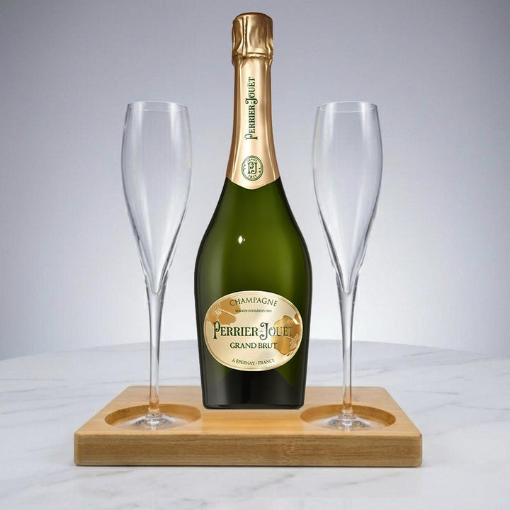 Perrier Jouet Champagne Gift Hamper - Includes 2 Fine Crystal Champagne Flutes and Wooden Presentation Stand