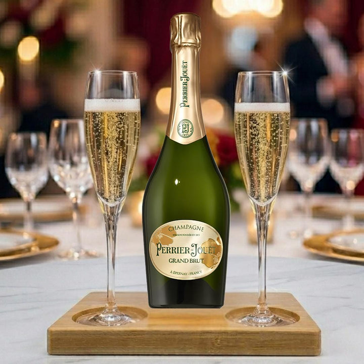 Perrier Jouet Champagne Gift Hamper - Includes 2 Fine Crystal Champagne Flutes and Wooden Presentation Stand