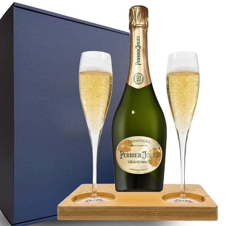Perrier Jouet Champagne Gift Hamper - Includes 2 Fine Crystal Champagne Flutes and Wooden Presentation Stand
