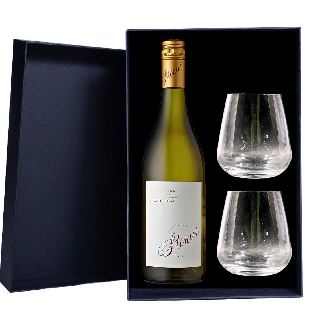 Personalised Stonier Chardonnay Gift Hamper - Includes 2 Premium Wine Glasses