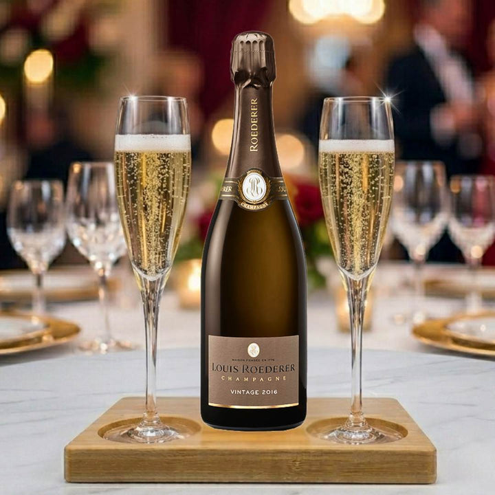 Personalised Louis Roederer Vintage Brut Gift Hamper - Includes 2 Fine Crystal Champagne Flutes and Wooden Presentation Stand